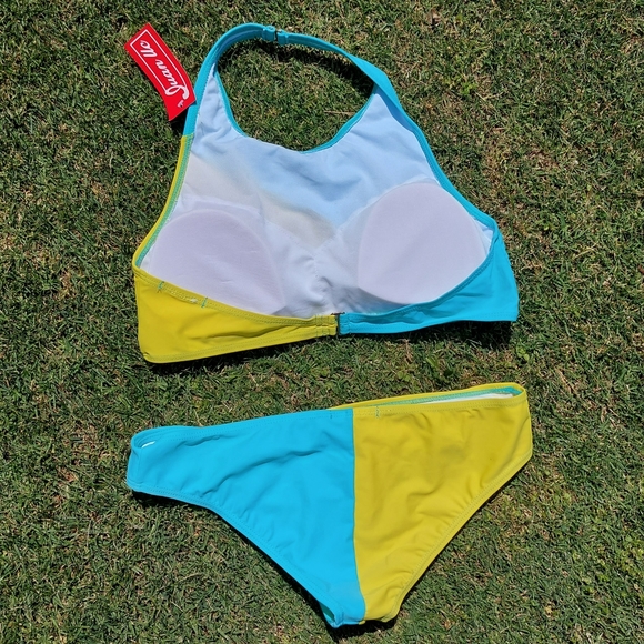 Juan Uc Womens Neon Bright Teal & Green Halter Two Piece Swimsuit Medium - Picture 5 of 5